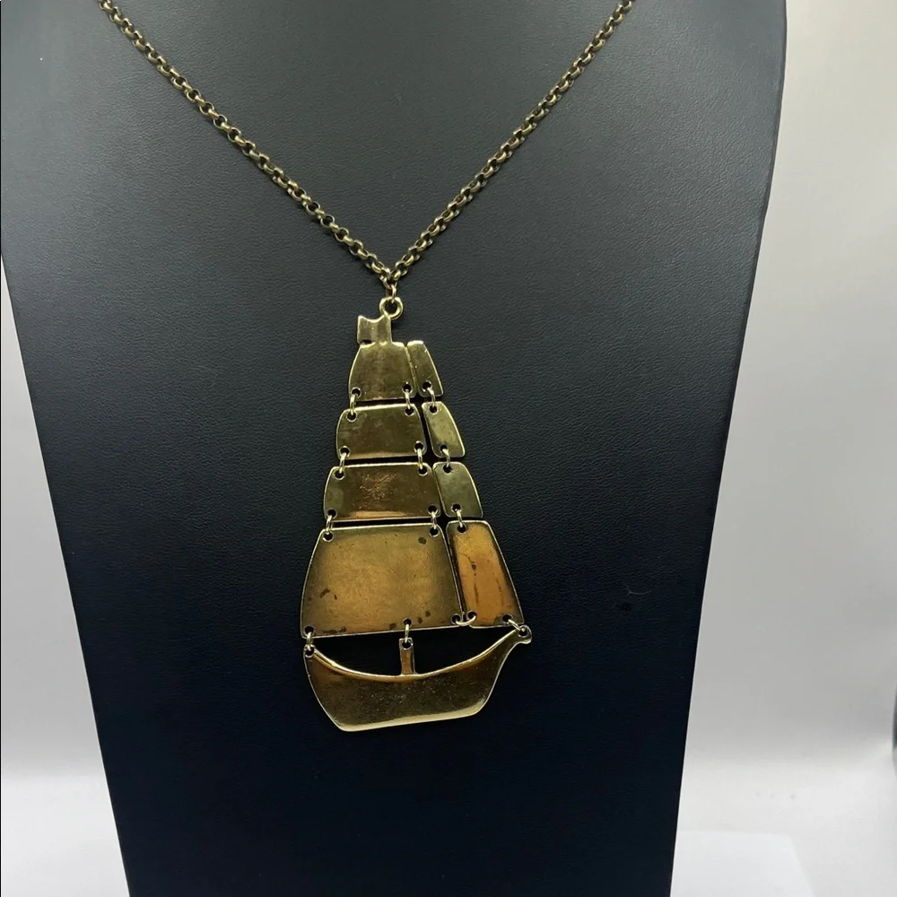 Nautical Ship Boat Brass Pendant  Necklace Oversized Articulated Ship - Picture 15 of 15